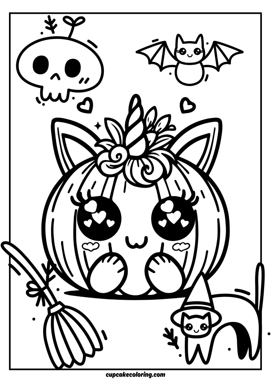 Adorable unicorn pumpkin coloring page with a bat, cat and skull