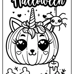 Cute Halloween pumpkin free to color with unicorn horn