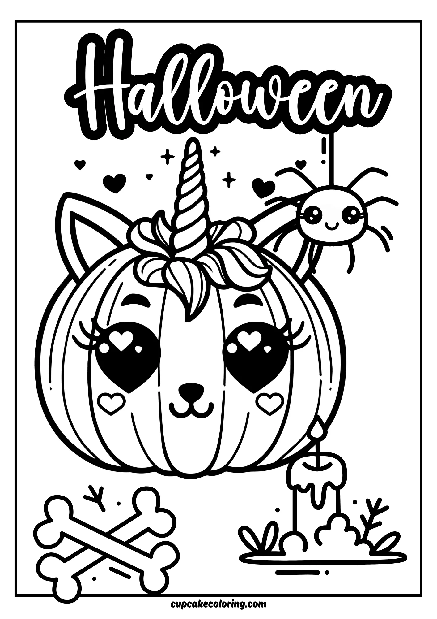 Cute Halloween pumpkin free to color with unicorn horn