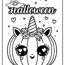 Unicorn pumpkin to color free print with witch hat and written Halloween