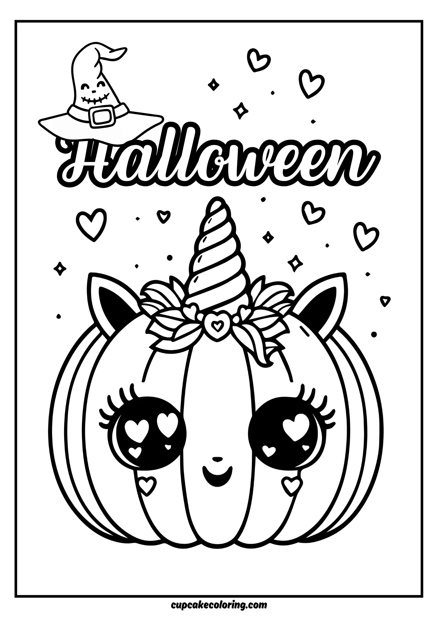 Unicorn pumpkin to color free print with witch hat and written Halloween