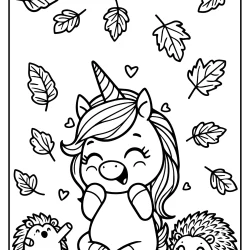 autumn coloring pages for preschoolers – unicorn that is laughing with all his heart – fall leaves and a hedgehogs playing