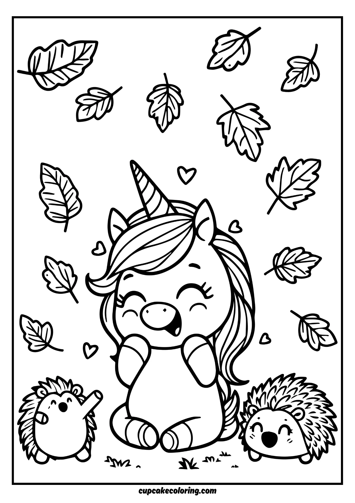 autumn coloring pages for preschoolers – unicorn that is laughing with all his heart – fall leaves and a hedgehogs playing