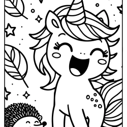 autumn coloring sheets printable a lot of leafs falling with unicorn havin funn with a hedgehog