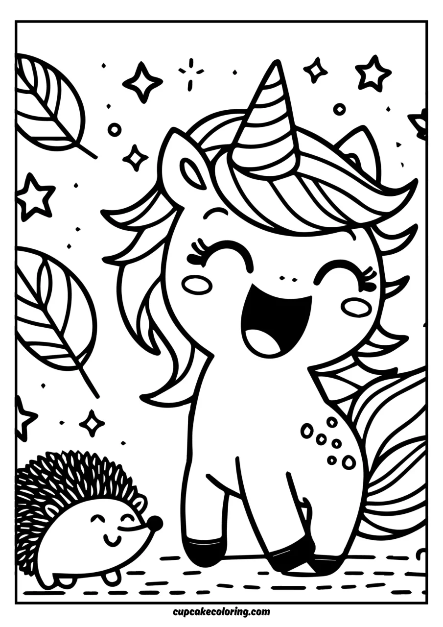 autumn coloring sheets printable a lot of leafs falling with unicorn havin funn with a hedgehog