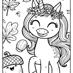 autumn leaf colouring pages with unicorn