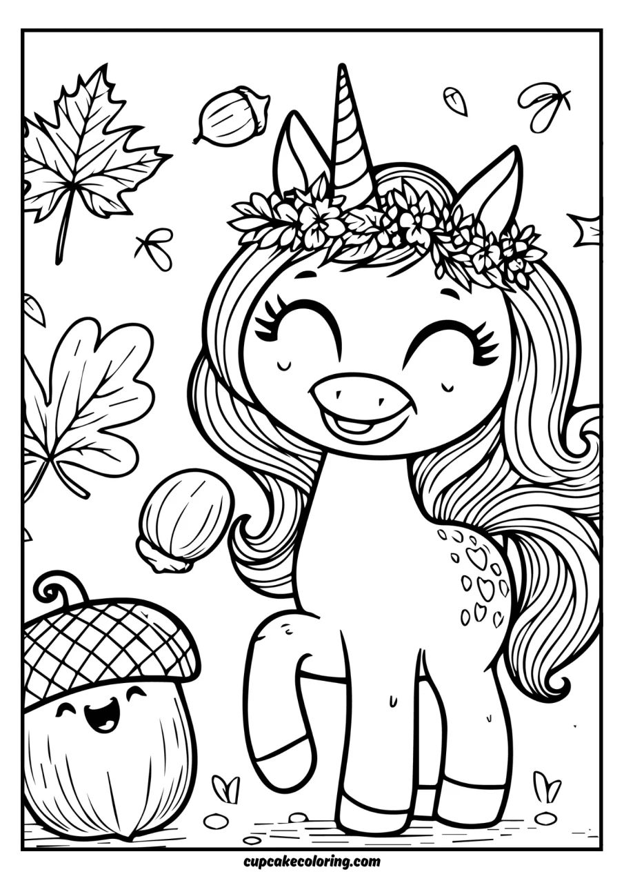 autumn leaf colouring pages with unicorn