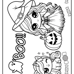 cute free printable halloween unicorn coloring page with pumpkin and a withch