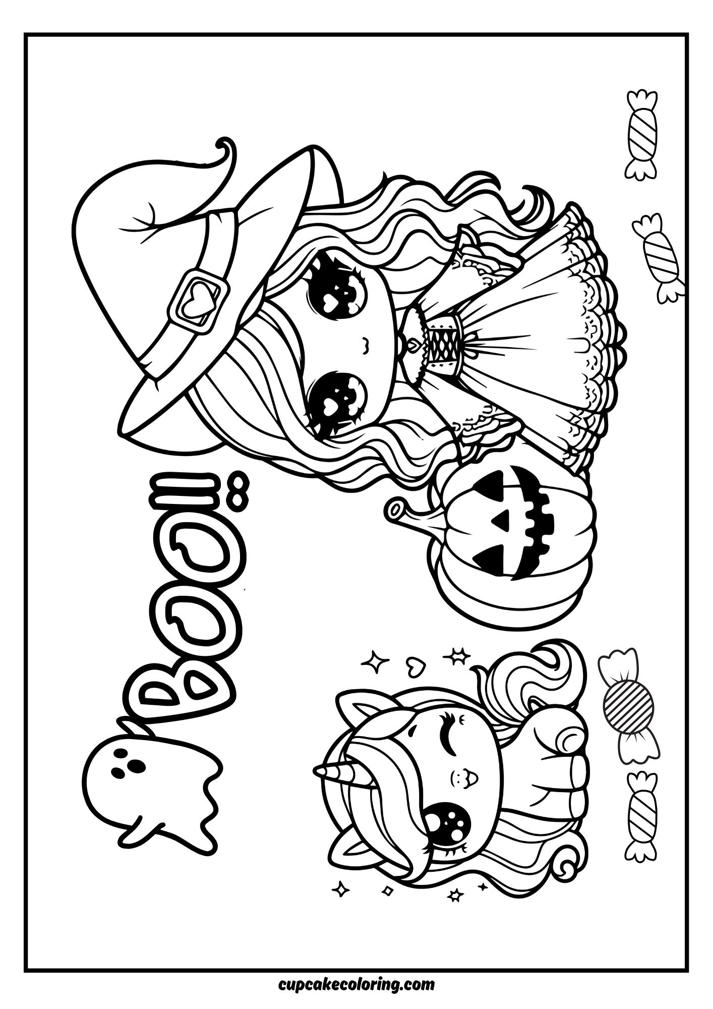 cute free printable halloween unicorn coloring page with pumpkin and a withch