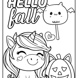 fall coloring page with an funny unicorn happy unicorn