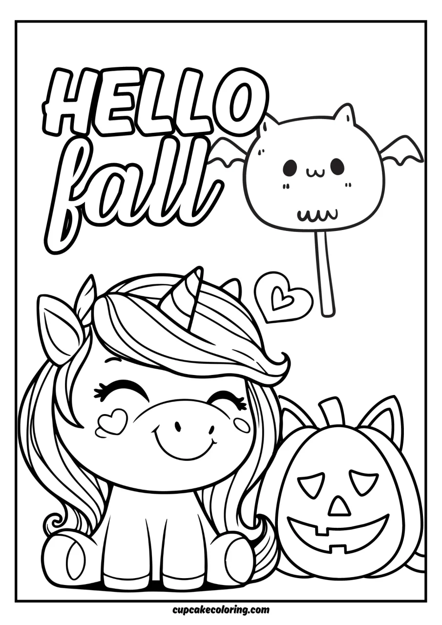 fall coloring page with an funny unicorn happy unicorn