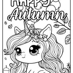 fall simple cute picture to color with unicorn in autumn