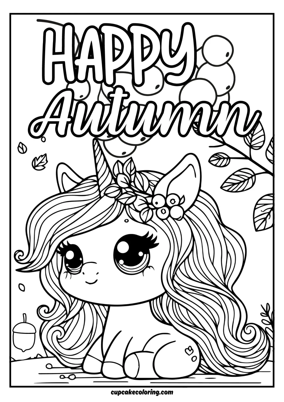 fall simple cute picture to color with unicorn in autumn