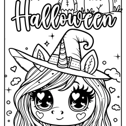 free halloween unicorn coloring page with withch hat