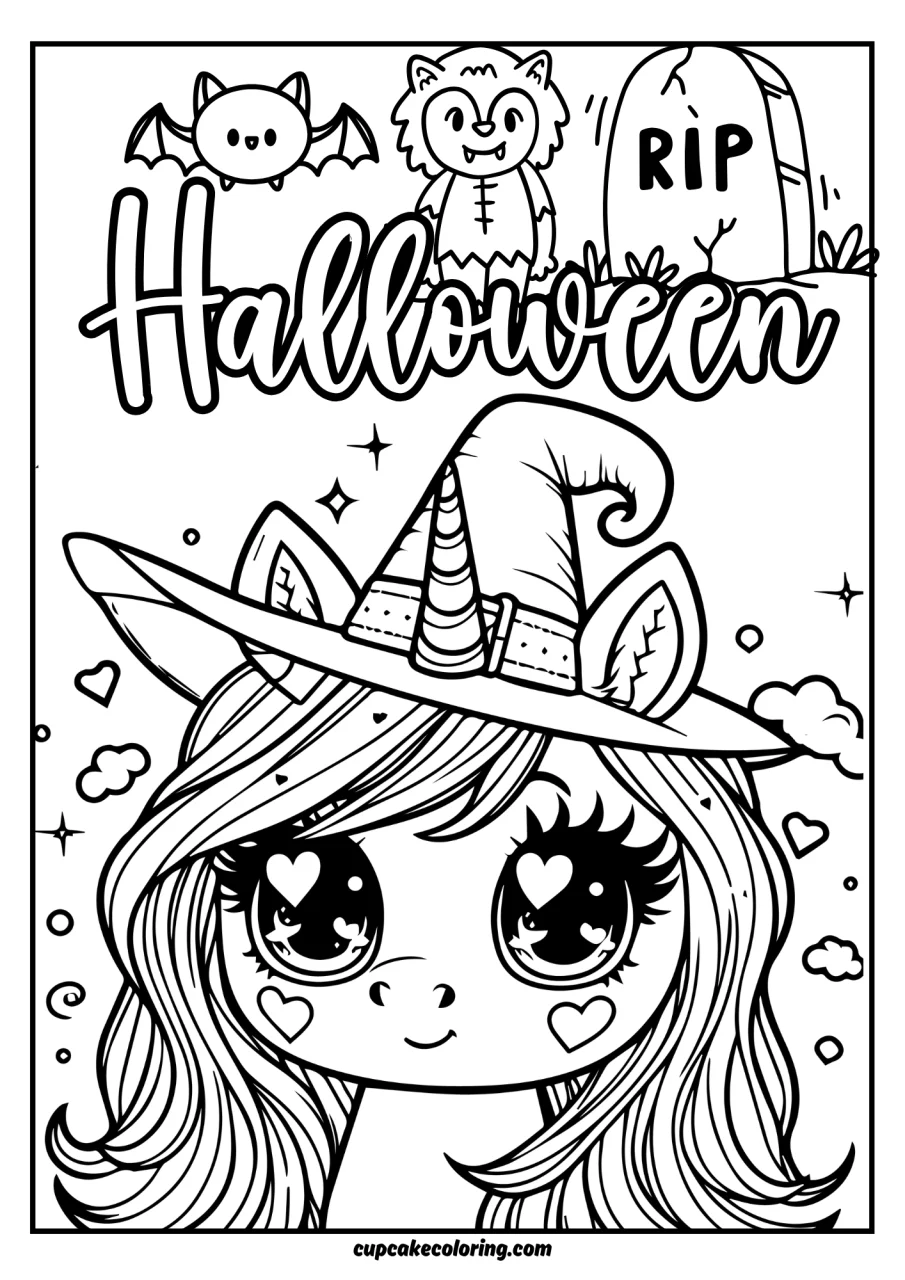 free halloween unicorn coloring page with withch hat