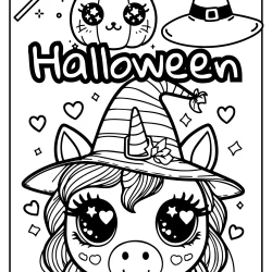 free printable halloween unicorn coloring page with cute pumpkin cat