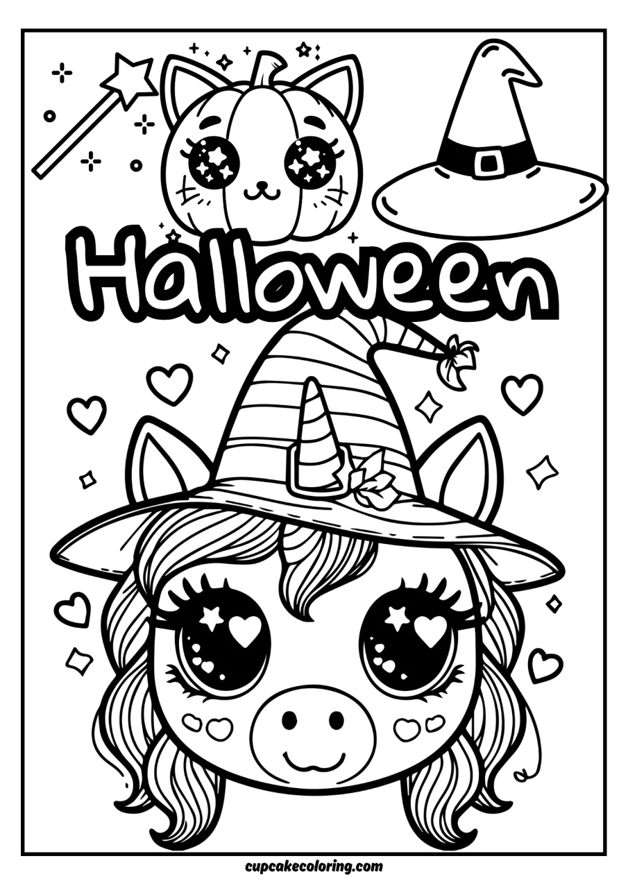 free printable halloween unicorn coloring page with cute pumpkin cat