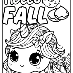 simple coloring page with unicorn in autumn fall