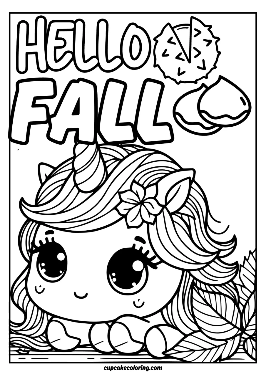 simple coloring page with unicorn in autumn fall