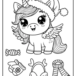 Adorable pegasus unicorn with santa hat for kids to color in with markers