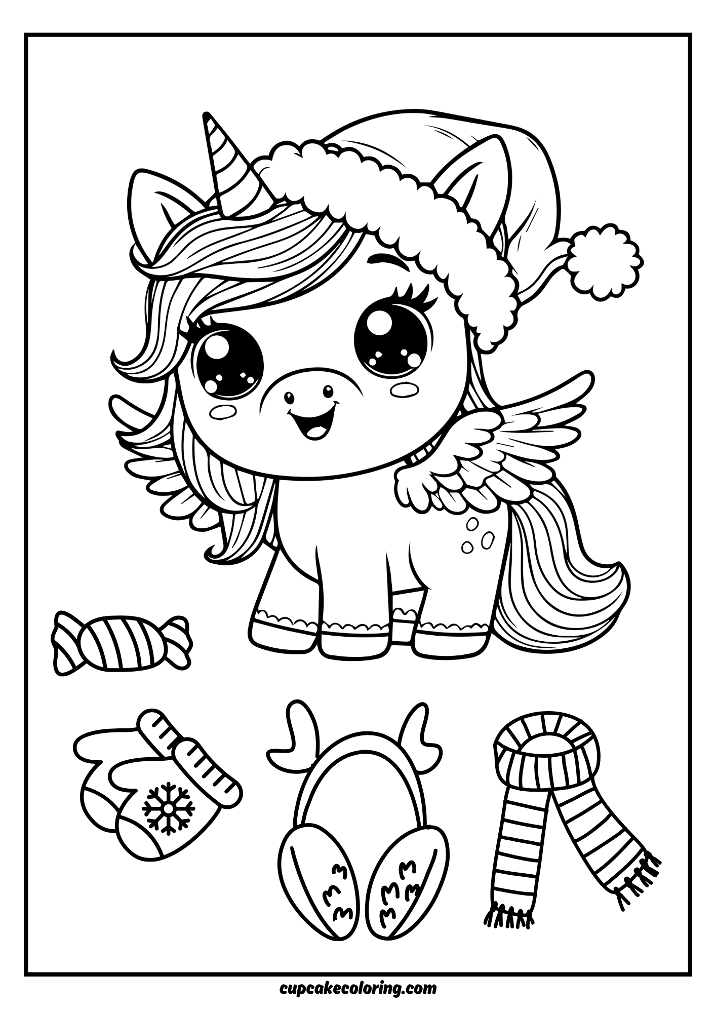Adorable pegasus unicorn with santa hat for kids to color in with markers