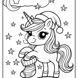 Adorable unicorn wearing a santa hat coloring page and preparing for christmas with a splending moon