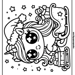 Christmas coloring page with santa hat on an unicorn and Santa s sleigh and gifts