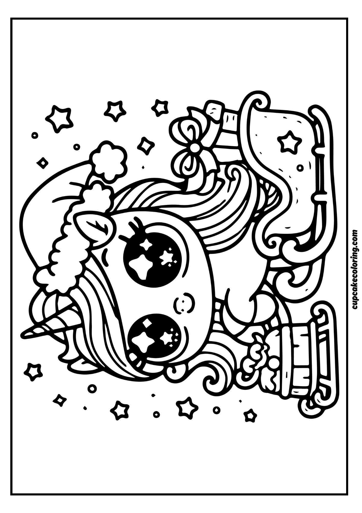 Christmas coloring page with santa hat on an unicorn and Santa s sleigh and gifts