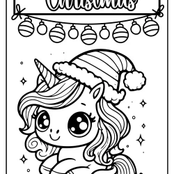 Christmas coloring page with unicorn wearing a santa claus hat and decorations