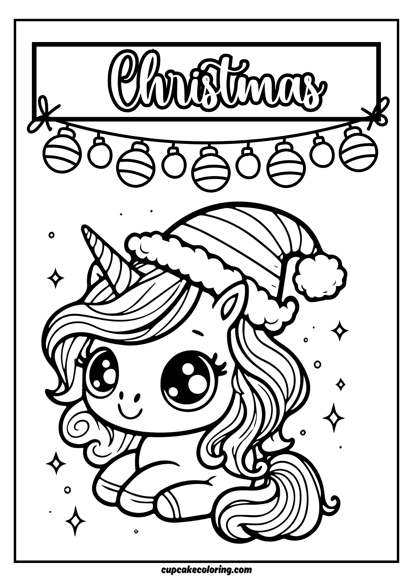 Christmas coloring page with unicorn wearing a santa claus hat and decorations