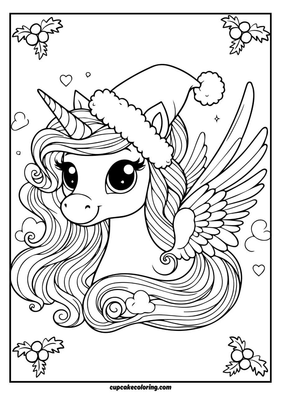 Christmas pegaus coloring page wearing a santa hat