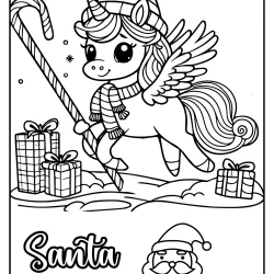 Coloring page santa is coming with unicorn with gifts