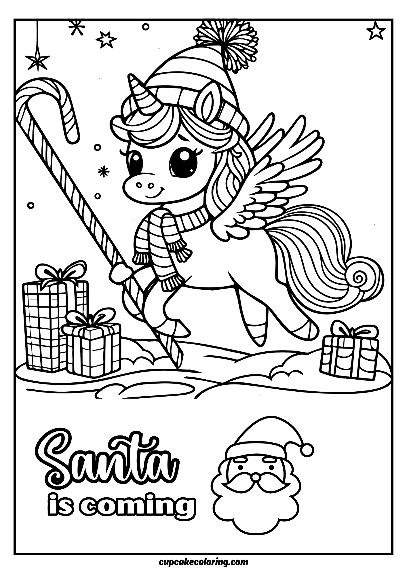 Coloring page santa is coming with unicorn with gifts