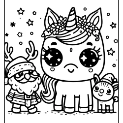 Funny unicorn santa claus and reindeer elf without horns picture to color