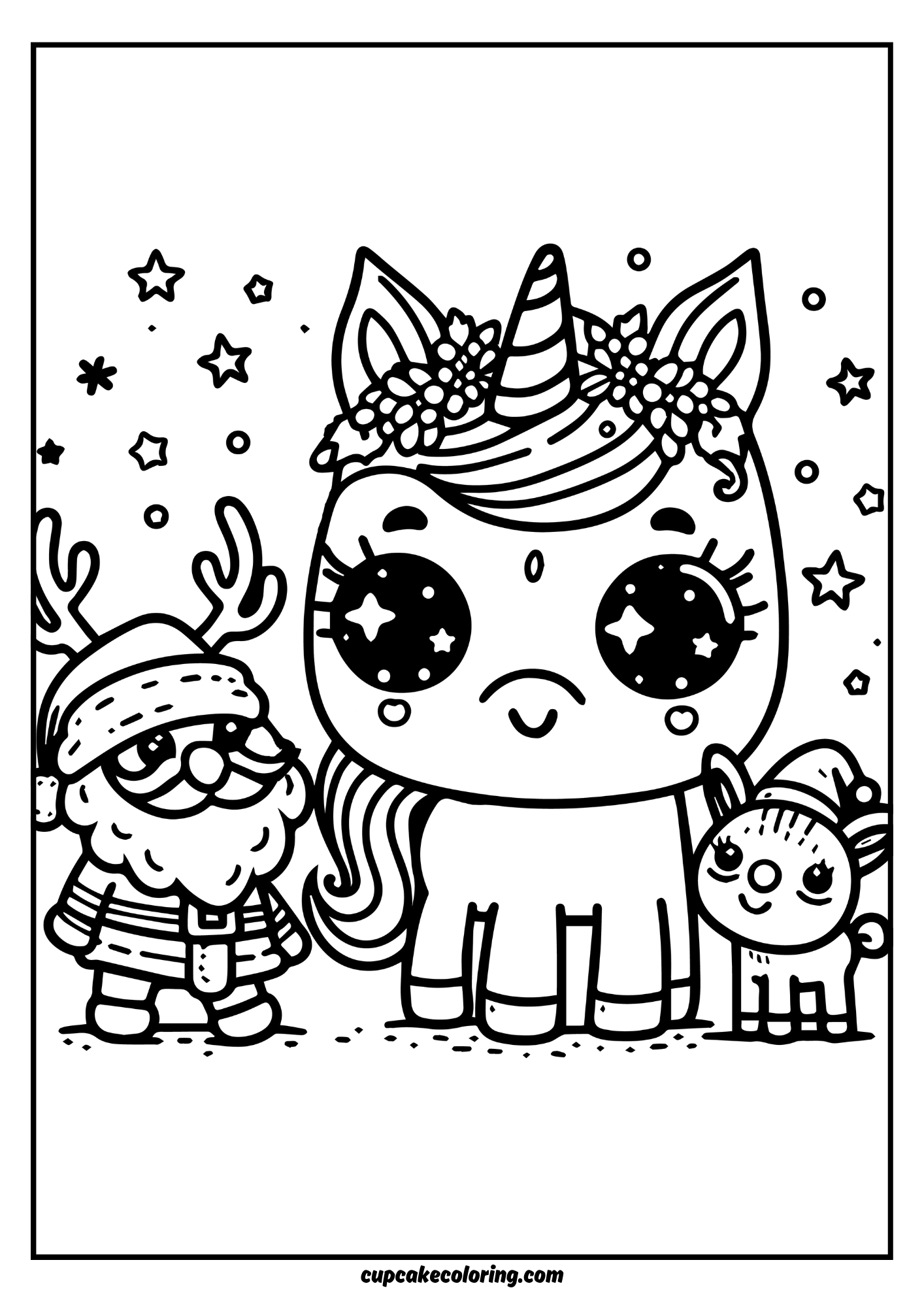 Funny unicorn santa claus and reindeer elf without horns picture to color