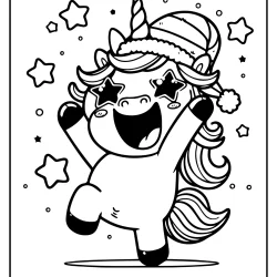 Happy unicorn wearing a santa hat dancing with stars coloring picture