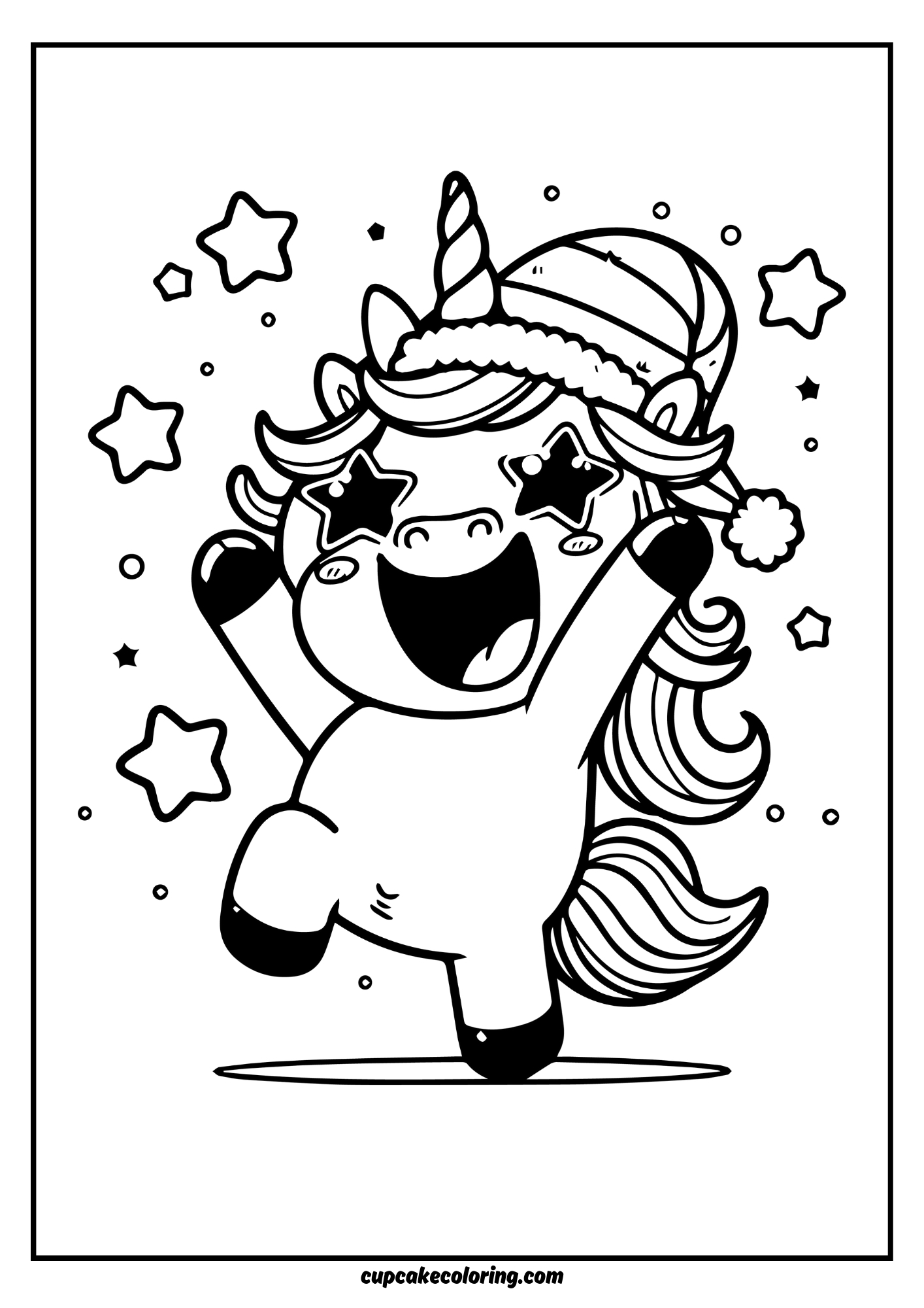 Happy unicorn wearing a santa hat dancing with stars coloring picture