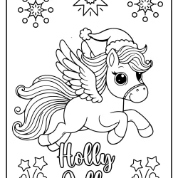 Holly jolly coloring page with pegasus wearing an santa claus hat