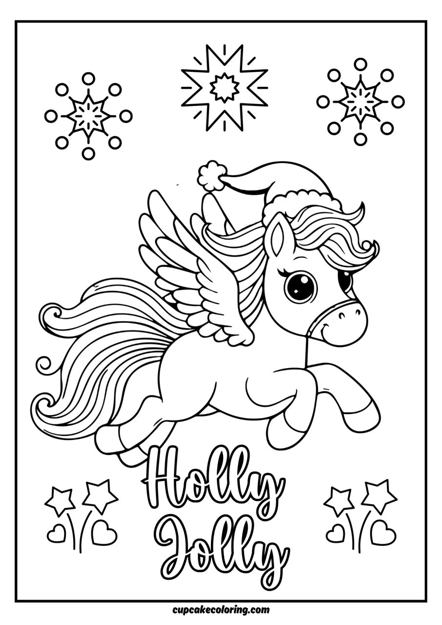 Holly jolly coloring page with pegasus wearing an santa claus hat