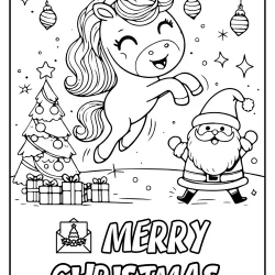 Merry christmas coloring image with unicorn with santa