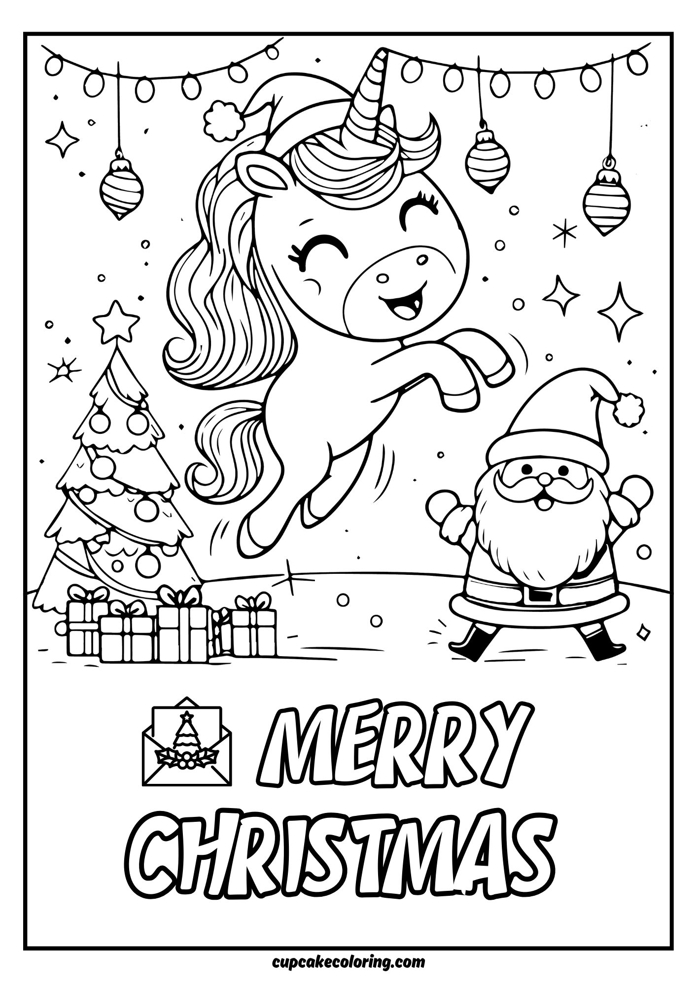 Merry christmas coloring image with unicorn with santa