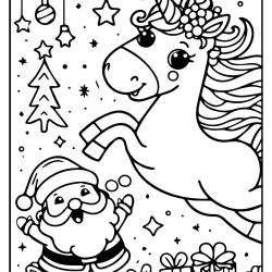 Unicorn and santa claus christmast party coloring page free