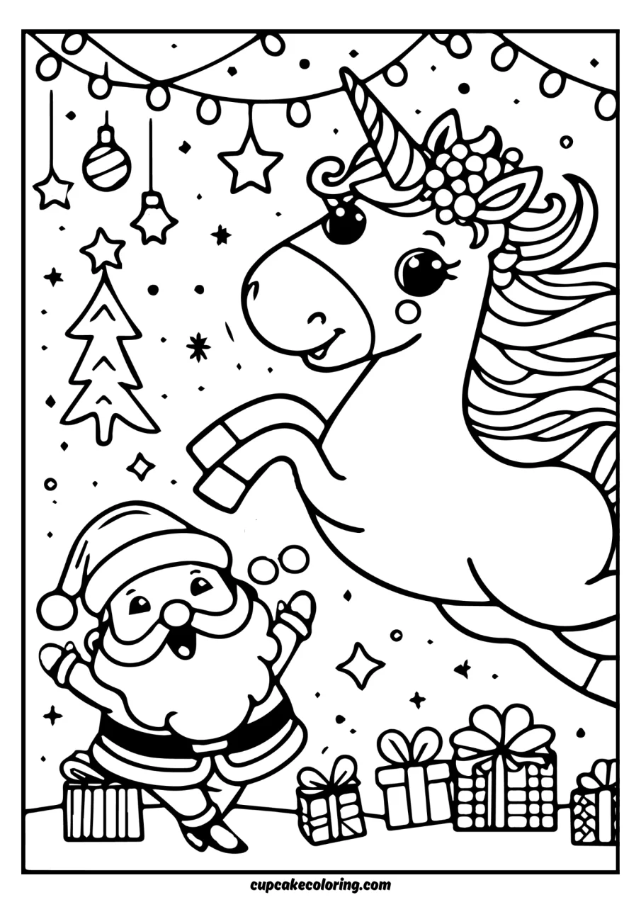 Unicorn and santa claus christmast party coloring page free