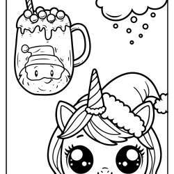 Unicorn face with santa hat colouring page for kds