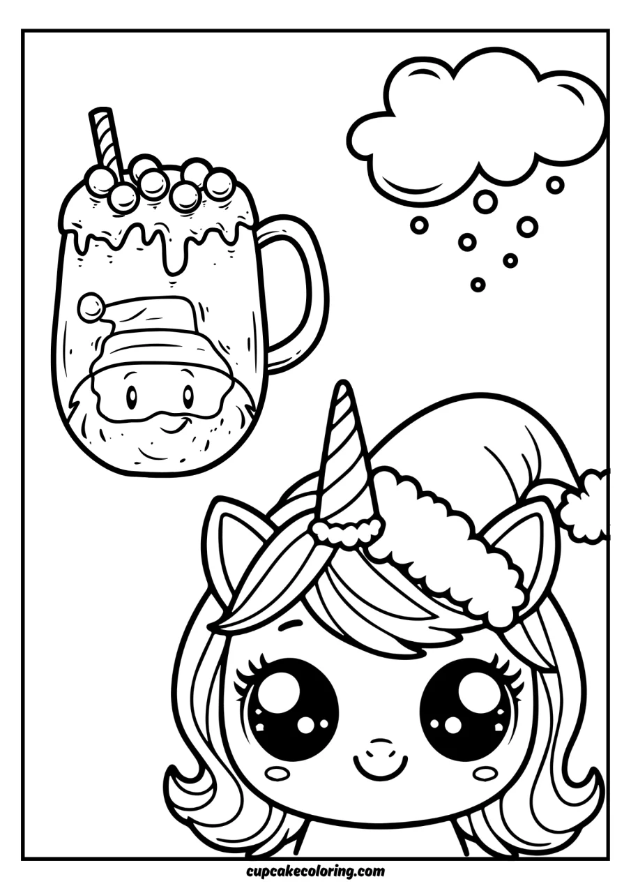 Unicorn face with santa hat colouring page for kds