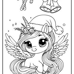 Unicorn with santa hat pic to color with jingle bells