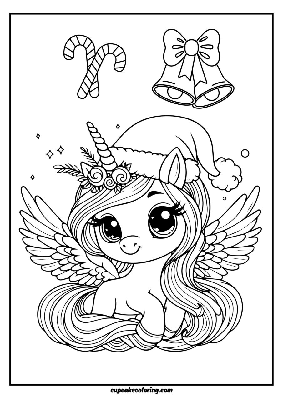 Unicorn with santa hat pic to color with jingle bells