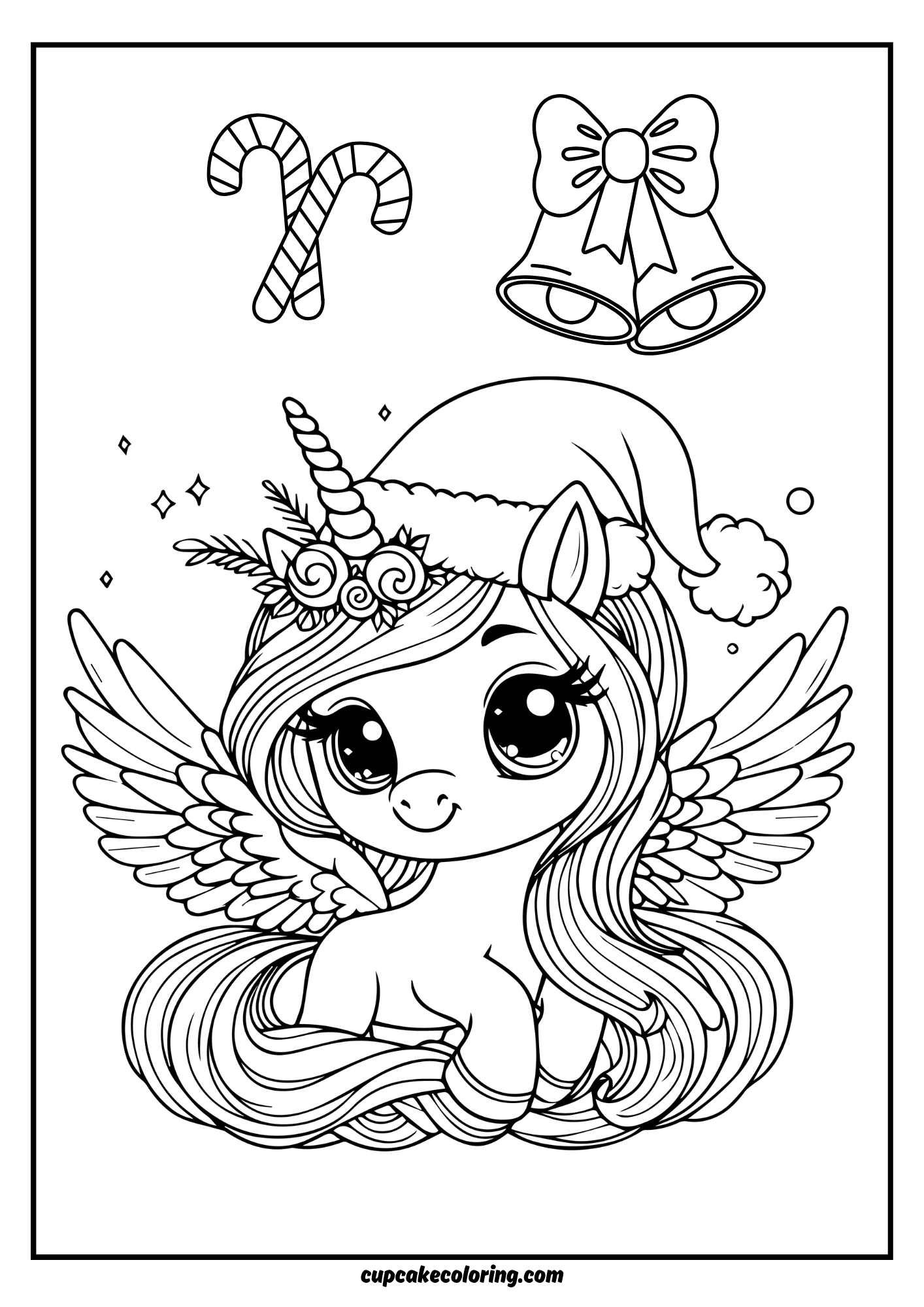 Unicorn with santa hat pic to color with jingle bells