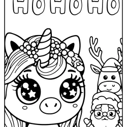 christmast unicorn, santa claus and reindeer coloring page