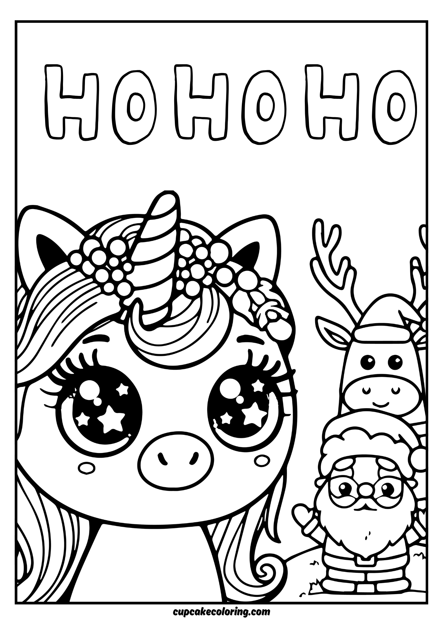 christmast unicorn, santa claus and reindeer coloring page